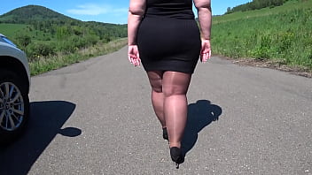 Mature BBW in nylon pantyhose and high heels walks down the public road Foot fetish Big booty ASMR